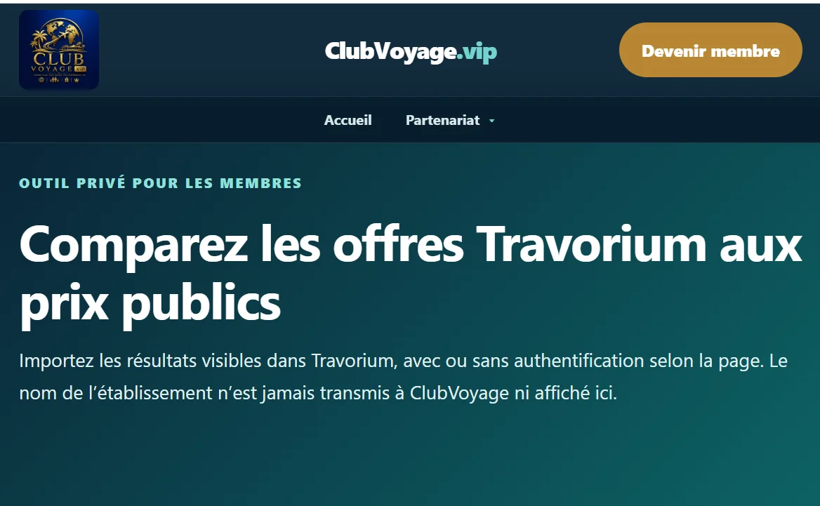 Exemple de page vitrine personnalisée intégrée au site ClubVoyage.vip pour soutenir la conversion d’un partenaire