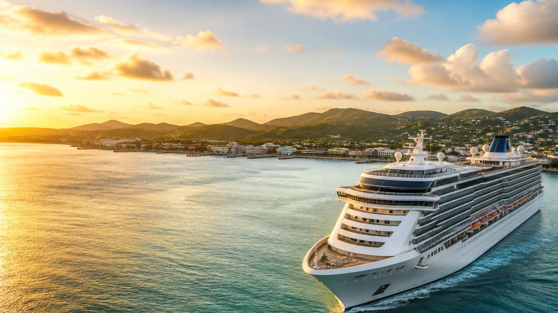 Navire de croisière près d’une île au coucher du soleil