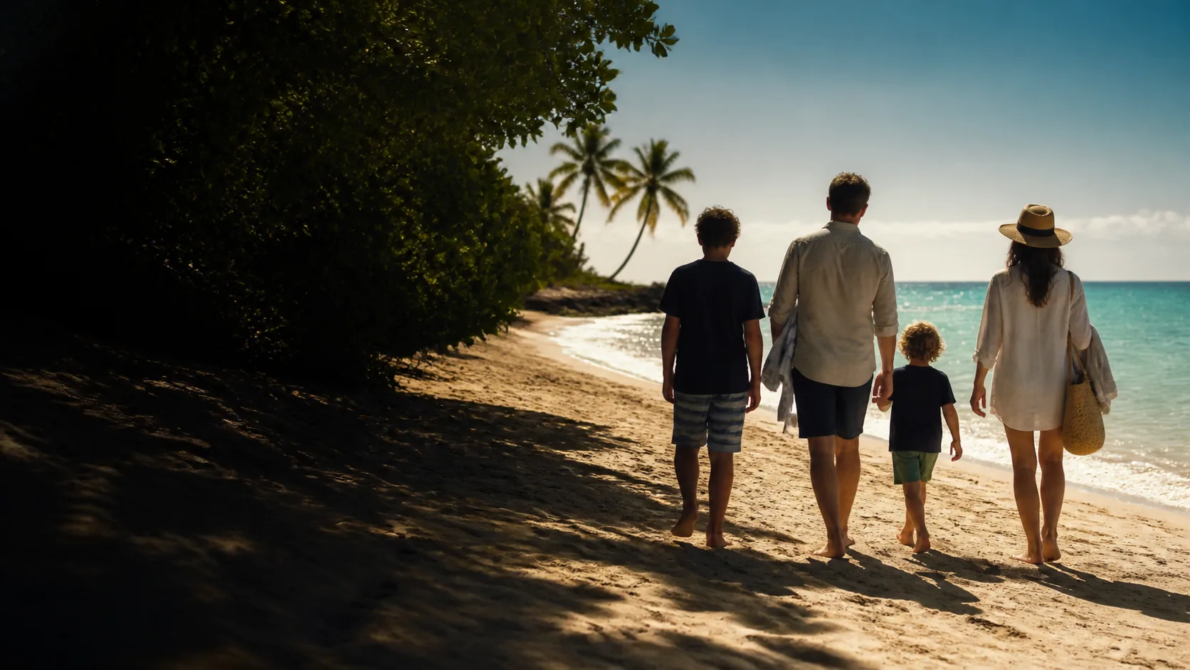 Parents et enfants marchant au bord de la mer pendant leurs vacances en famille